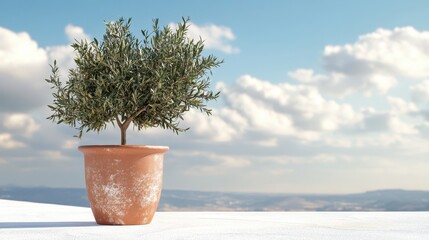 Fototapeta premium Olive tree in terracotta pot set against blue sky and clouds. Perfect for summer gardening ads or Mediterranean lifestyle images.
