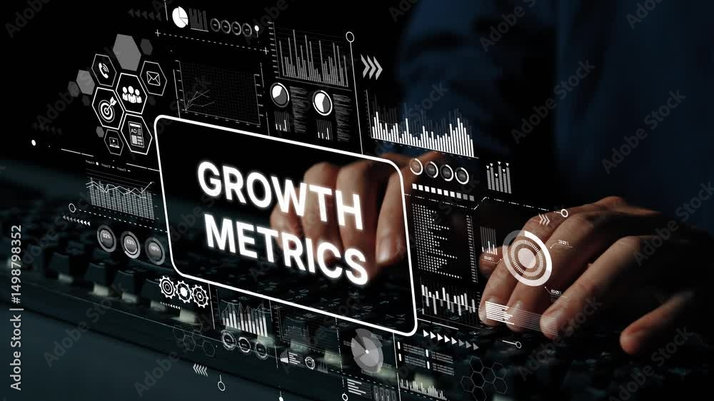 Poster Hands on Keyboard Analyzing Digital Growth Metrics with Data Visualization on Screen. Asymptotic smart data analytic.