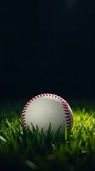 A single baseball is positioned on vivid green grass highlighted by soft light against a dark background evoking a calm and focused atmosphere