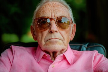 serious elderly man wearing amber sunglasses and a pink shirt sitting outdoors with a blurred green background