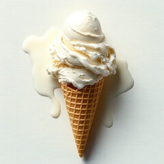 melting vanilla ice cream scoop in a waffle cone with creamy drips on a light background