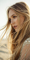 Fototapeta premium Stylish close-up portrait of a woman with long flowing hair in soft light, ideal for beauty, fashion editorials, elegance concepts, or haircare ads.