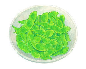 お皿に盛った枝豆のアナログ水彩イラスト素材