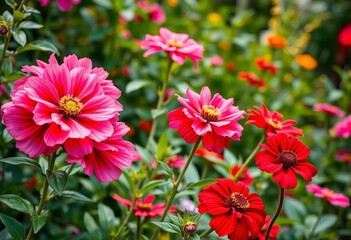 Pink and red flowers bloom vibrantly in a lush summer garden, red, leaves