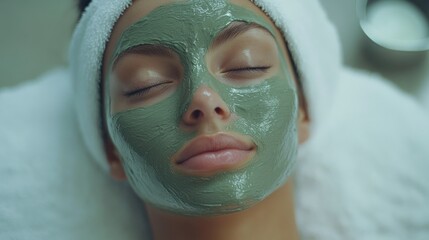 Close-up of a woman with a green facial mask and a white towel headband relaxing with closed eyes during a skincare treatment
