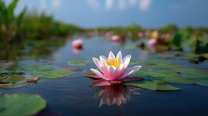Nature meditation in peaceful meditation with lotus concept. Beautiful water lily blooms on serene pond surface under blue sky.