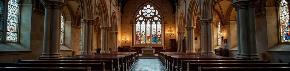 Historic English church interior, stained glass window depicting biblical scene, intricate stonework, peaceful atmosphere, religious heritage ,  christ,  light,  england
