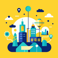 Colorful futuristic city illustration with buildings, wind turbines, and flying elements, perfect for urban innovation, sustainability, or smart city concepts.