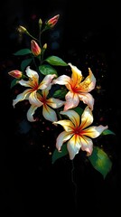 Three stunning white and orange lilies with vivid petals bloom prominently against a dark backdrop emphasizing their delicate beauty and intricate details
