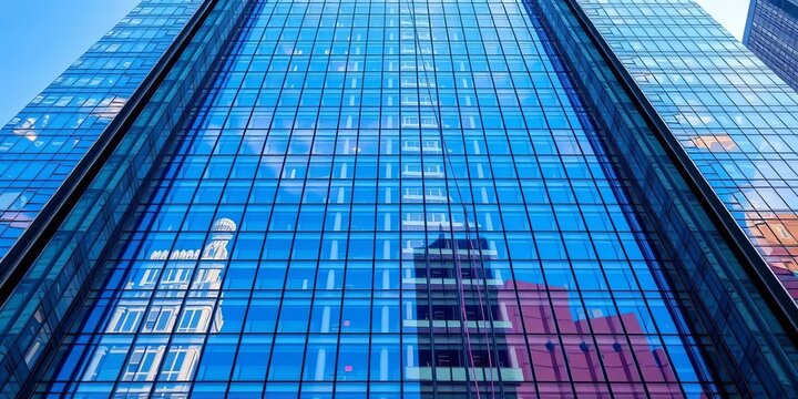 Reflective glass skyscraper facade, intricate geometric patterns, modern urban architecture, structure, metal