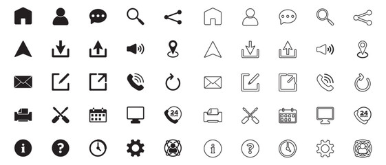 Web icon set, website icon, Contact us icon vector.  home, user, search, chat, share, house, speech bubble, magnifying glass, arrow, download, speaker, location pin, envelope, expand, phone, refresh.