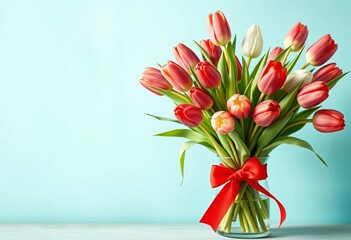 Rustic vase of spring tulips, red bow, teal background, springtime, design