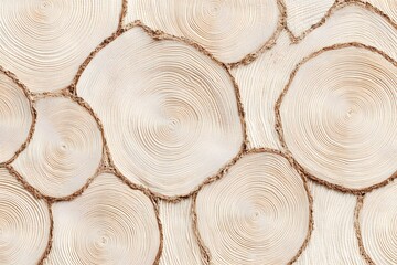 Fototapeta premium Wood Rings Texture: A close-up shot of neatly arranged, light-colored wood rings provides a textural display, exhibiting intricate growth rings and the organic warmth of wood.
