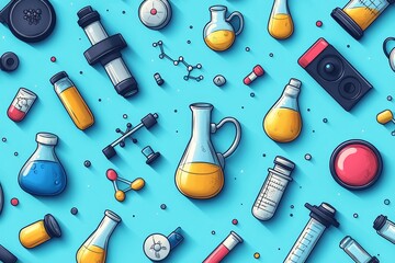 Science lab equipment flat lay, colorful background, research