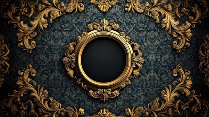 ornate golden baroque frame surrounding a dark circular center on an intricate dark blue patterned background evoking luxury and elegance