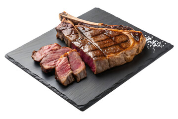 Fiorentina t bone steak on rectangular plate on PNG.