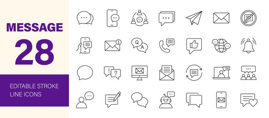 Message icon set. Containing comment, speech, chat, bubble, email, opened letter, notification bell, review, FAQ and more. Editable line icons. Vector illustration.
