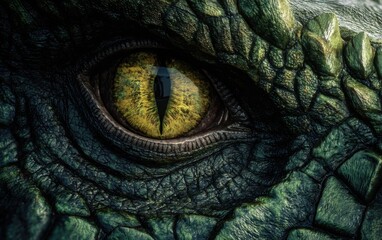Naklejka premium Intricate close-up of a reptilian eye showcasing vibrant colors and textured skin in a natural setting during daylight