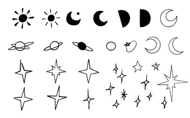 手書きの月や太陽・天体のイラストセット(モノクロ)
