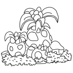 Coloring and activity page for kids. Black and white, fun, funny, cute dinosaur triceratops illustration.