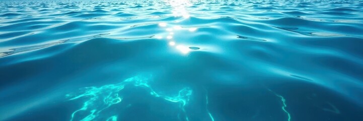 Deep azure, rippled surface, sun-dappled highlights, glossy, surface