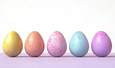Obraz premium Five colorful speckled eggs in yellow, orange, pink, blue, and purple lined up on a soft pink surface with a white background creating a bright and cheerful scene