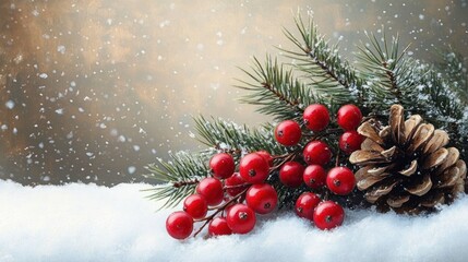 close-up of red berries and pinecone on snow with green pine needles and softly falling snowflakes creating a peaceful winter scene