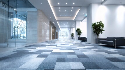Contemporary Office Lobby with Carpeted Flooring and Modern Design