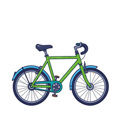 Fototapeta premium A green bicycle with blue fenders, black seat and drop handlebars.