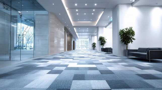 Contemporary Office Lobby with Carpeted Flooring and Modern Design