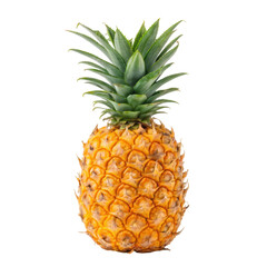 Fototapeta premium Fresh ripe pineapple with green leaves top, isolated transparency background, showcasing its textured yellow skin and spiky crown, symbolizing