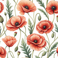 Seamless pattern of red poppies with leaves and pods on white background&mdash;perfect for fabric, wallpaper, packaging, or surface design projects.