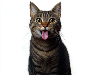 Obraz premium playful brown tabby cat with wide eyes sticking out tongue on white background expressing curiosity and fun