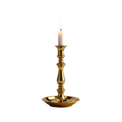 Elegant gold candlestick holding a lit white candle with a glowing flame.