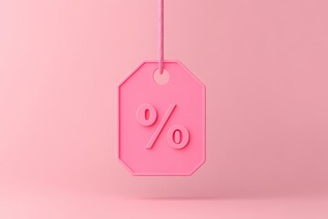 Pink shopping price tag featuring a bold percentage symbol hanging against a soft pink background while hinting at a sale or discount event perfect for marketing promotions