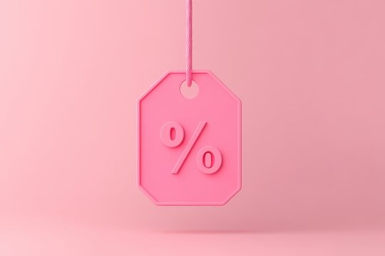 Pink shopping price tag featuring a bold percentage symbol hanging against a soft pink background while hinting at a sale or discount event perfect for marketing promotions