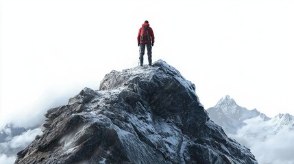 Person standing on a snow-covered rocky mountain peak with cloudy sky and distant snowy mountains, evoking a sense of achievement and solitude