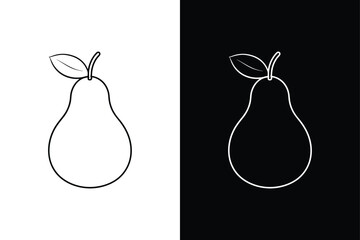 Pear Line Art Vector. Simple Outline Icon with Leaf in Black & White