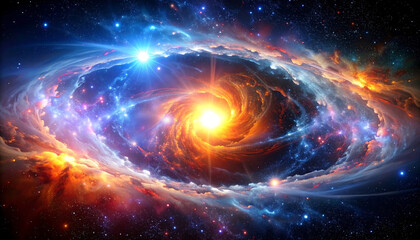 Obraz premium A vibrant spiral galaxy, swirling stars and nebulas around a bright central core in deep space.