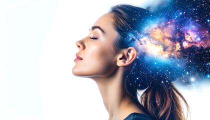 A woman's profile with closed eyes and a vibrant cosmic explosion of stars and nebulas emanating from her head, symbolizing imagination or consciousness.