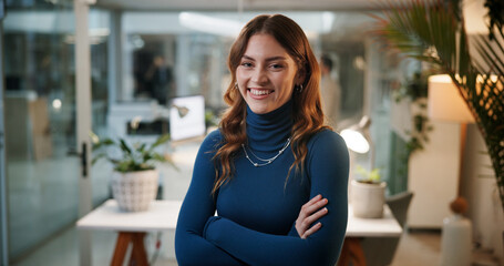 Crossed arms, night and portrait of woman in office with confidence for creative career. Smile,...