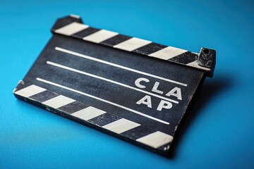 Naklejka premium Close-up of a vintage black and white film clapperboard resting on a blue surface symbolizing filmmaking and cinema production