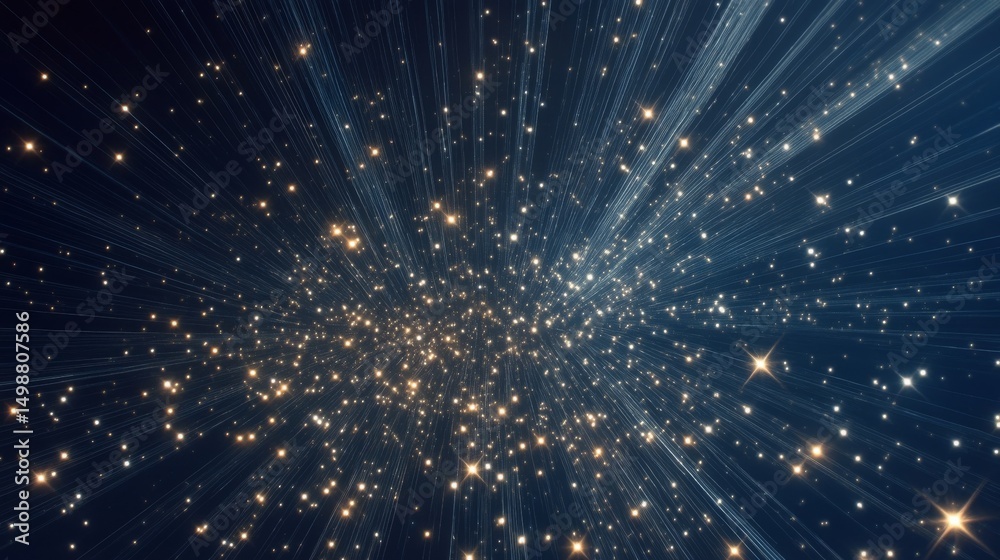 Poster Abstract Golden Light Streaks on Dark Blue Background Creates a Visual Illusion of Speed and Cosmic Expansion.