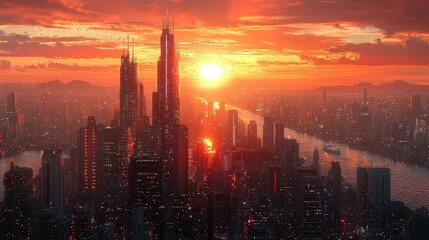 Fototapeta premium Futuristic city at sunset
