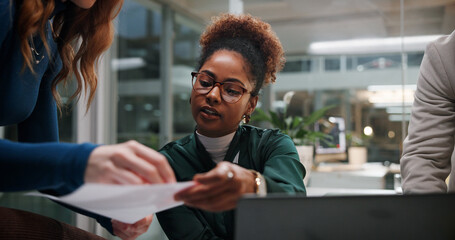 Woman, document and meeting in office for business, project feedback and review advice at night....