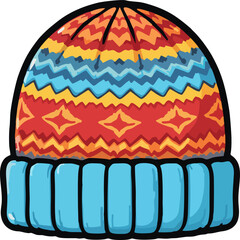 Colorful Ethnic Pattern Knit Beanie Hat Vector with Blue Cuff – Hand-Drawn Winter Headwear Illustration