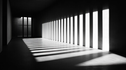 Fototapeta premium Empty room with tall windows casting strong striped shadows on the floor and walls, creating a dramatic contrast of light and darkness