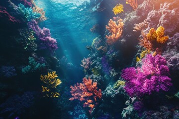 Fototapeta premium Breathtaking aerial view showcasing the vibrant colors of coral reefs in a tranquil underwater landscape, perfect for marine exploration and observation