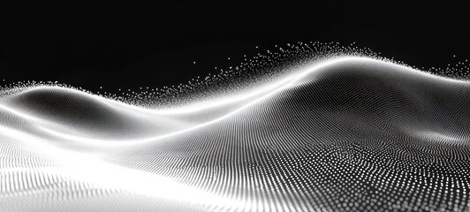 abstract flowing waves created by numerous small white dots on dark background, evoking a sense of digital or futuristic landscape with smooth curves and sparkling particles