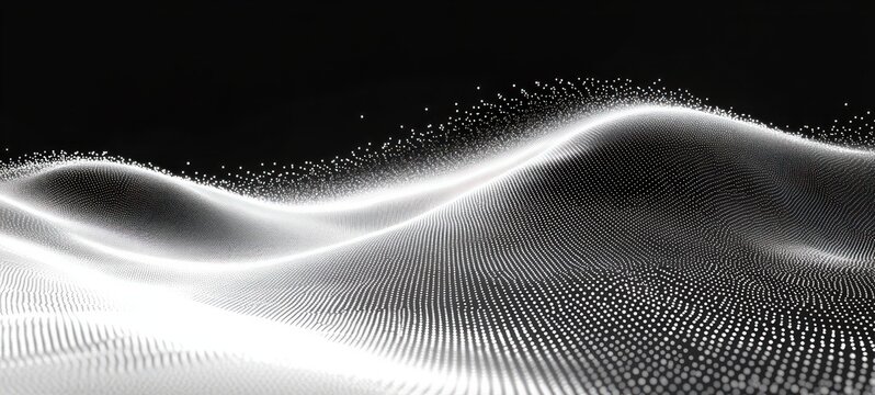 abstract flowing waves created by numerous small white dots on dark background, evoking a sense of digital or futuristic landscape with smooth curves and sparkling particles